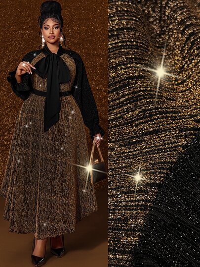 Maweii Plus Size Women's Black & Gold Asymmetrical Collar Long Sleeve Top & Asymmetrical Long Skirt 2 Pieces Set, Spring/Autumn/Winter Party Outfit, Shiny Fabric With Glossy Finish, High Waist Skirt Flattering Silhouette, Suitable For Cocktail Party, Evening Gala, Wedding, Fashion Street Style, Plus Size Fit, Luxury Elegant Women's Set