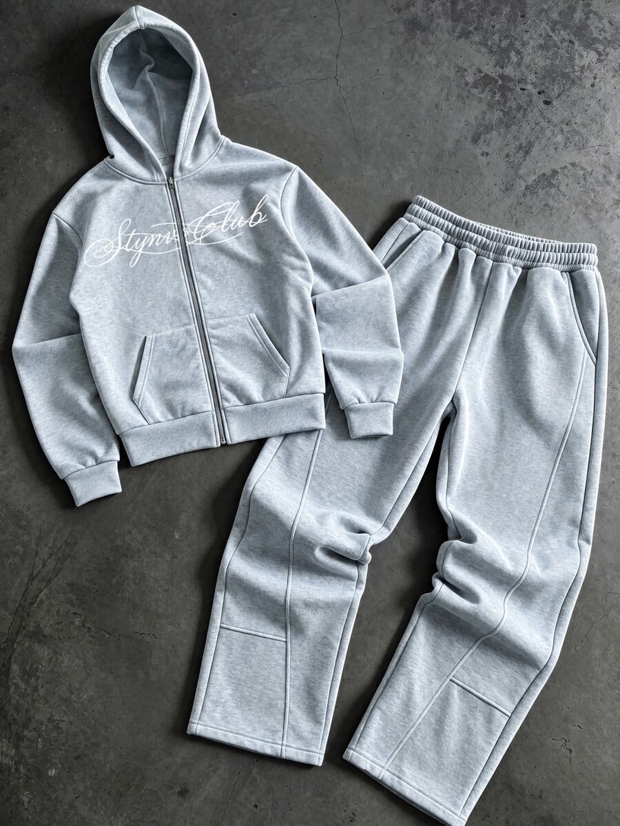 SHEIN 2件組兒童青少年男孩Y2K休閒極簡酷風嘻哈搖滾塗鴉手繪卡通運動風寬鬆連帽衛衣與喇叭褲套裝，適合秋冬
