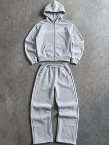 SHEIN 2件組兒童青少年男孩Y2K休閒極簡酷風嘻哈搖滾塗鴉手繪卡通運動風寬鬆連帽衛衣與喇叭褲套裝，適合秋冬 - 黑色 - 查看 3