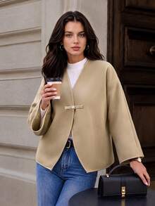 Struktiv Women's Autumn/Winter New Solid Color Cuff Decor Short Jacket, Suitable For Daily Wear, Fashionable And Versatile - Khaki - View 6