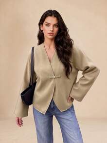 Struktiv Women's Autumn/Winter New Solid Color Cuff Decor Short Jacket, Suitable For Daily Wear, Fashionable And Versatile - Khaki - View 5