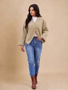 Struktiv Women's Autumn/Winter New Solid Color Cuff Decor Short Jacket, Suitable For Daily Wear, Fashionable And Versatile - Khaki - View 7