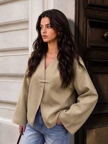 Struktiv Women's Autumn/Winter New Solid Color Cuff Decor Short Jacket, Suitable For Daily Wear, Fashionable And Versatile - Khaki - View 3