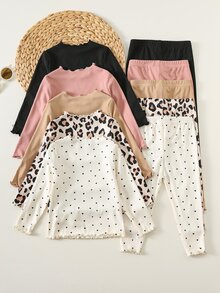 SHEIN 10件装女婴波点印花长袖T恤套装，可爱百搭，秋冬季 - 彩色 - 查看 7