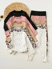 SHEIN 10件装女婴波点印花长袖T恤套装，可爱百搭，秋冬季 - 彩色 - 查看 6