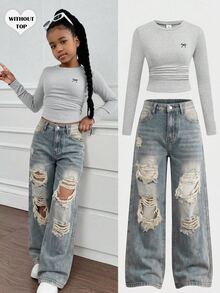 SHEIN Tween Girl Tween Girls' Blue Denim Distressed Loose Fit Long Pants - Light Wash - View 8