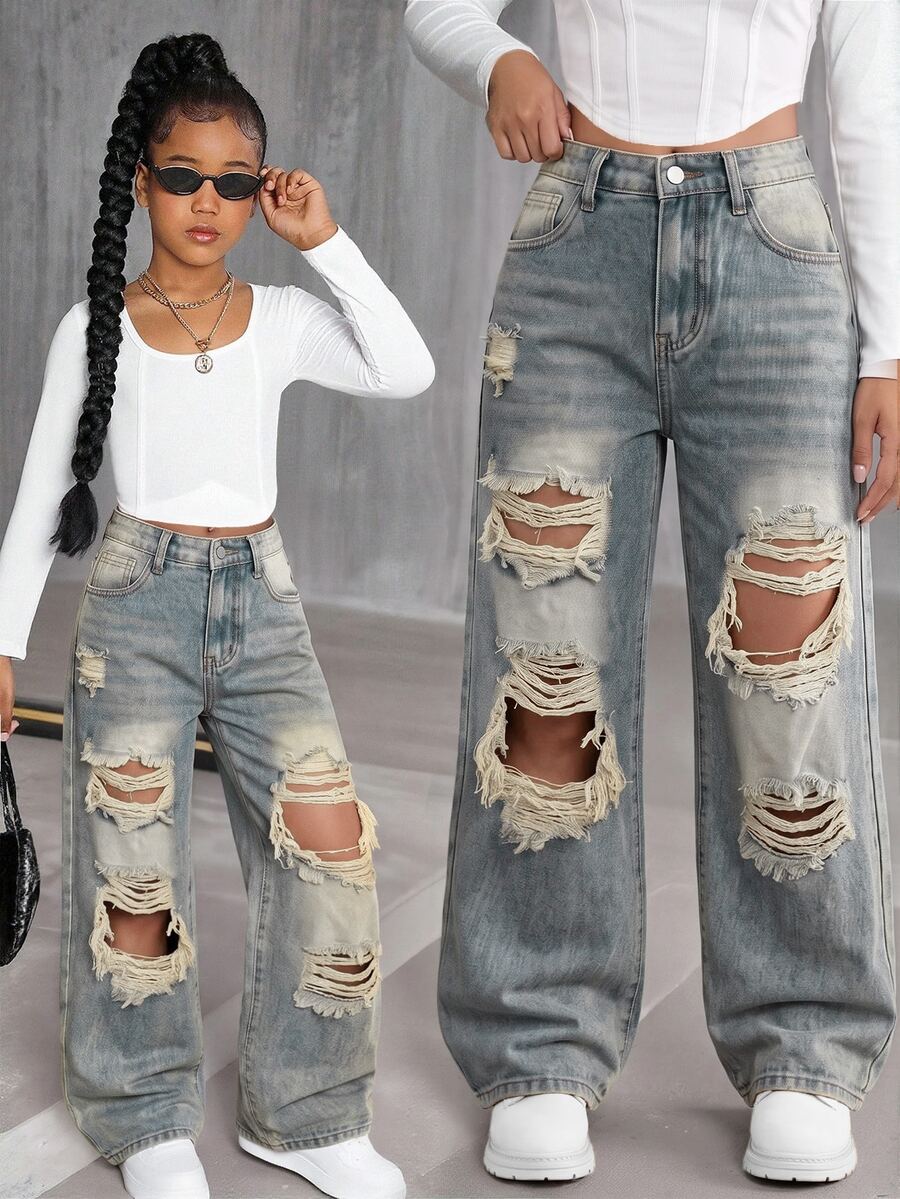 SHEIN Tween Girl Tween Girls' Blue Denim Distressed Loose Fit Long Pants - Light Wash - View 1