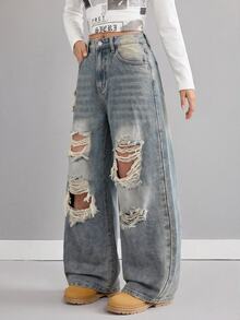 SHEIN Tween Girl Tween Girls' Blue Denim Distressed Loose Fit Long Pants - Light Wash - View 3