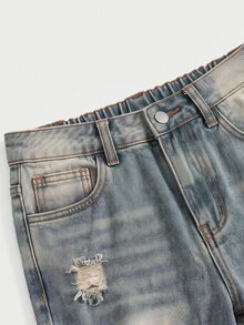 SHEIN Tween Girl Tween Girls' Blue Denim Distressed Loose Fit Long Pants - Light Wash - View 6