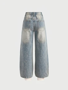 SHEIN Tween Girl Tween Girls' Blue Denim Distressed Loose Fit Long Pants - Light Wash - View 2