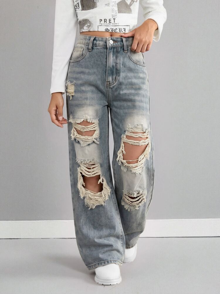 SHEIN Tween Girl Tween Girls' Blue Denim Distressed Loose Fit Long Pants - Light Wash - View 4