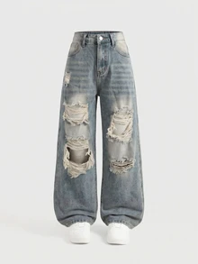 SHEIN Tween Girl Tween Girls' Blue Denim Distressed Loose Fit Long Pants - Light Wash - View 7