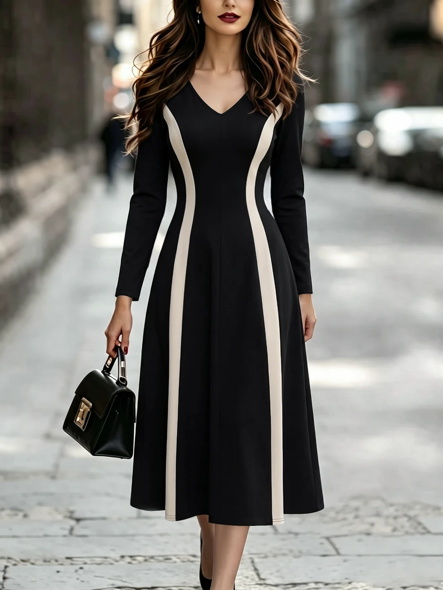 SHEIN فستان ميدي محبوك للسيدات بألوان أسود وأبيض بتصميم كتل لونية، ياقة على شكل حرف V وأكمام طويلة مع لوحة تباين عمودية، فستان بتصميم ضيق من الأعلى وواسع من الأسفل مناسب لمناسبات التنقل