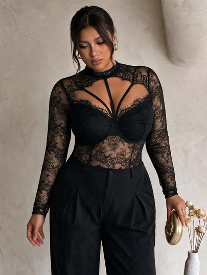 Firerie Bodysuit Lengan Panjang Seksi Desain Potongan Renda Ukuran Plus untuk Wanita, Bodysuit Elegan untuk Tamu Pernikahan, Pesta Elegan, Thanksgiving, Tahun Baru, Disko