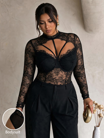 Firerie Plus Size Women's Lace Cutout Design Sexy Long Sleeve Bodysuit Elegant Wedding Guest Bodysuit For Women Elegant Party Lace Sexy BodySuit For Women