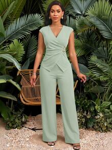 SHEIN Lady Women's Solid Color Overlap V-Neck Sleeveless Top And Long Pants Two Pieces Set Office Sage Green Summer Elegant Teachers' Day - Mint Green - View 7