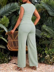 SHEIN Lady Women's Solid Color Overlap V-Neck Sleeveless Top And Long Pants Two Pieces Set Office Sage Green Summer Elegant Teachers' Day - Mint Green - View 3