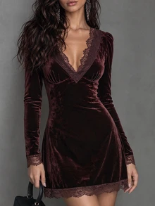 LUMIGAL Women's Elegant Lace Patchwork Dress - Burgundy - View 3