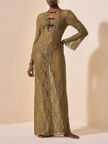 Zivah New Elegant Women's New Chinese Style Frog Button Design French Lace Fabric Bell Sleeve Long Dress, Reversible Wearable Cover-Up, Suitable For Multiple Occasions, Beach Vacation, Commuting, Travel, Party, Gathering - Brown - View 10
