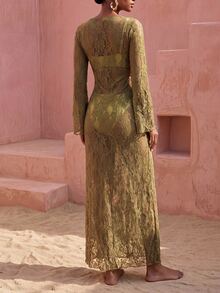 Zivah New Elegant Women's New Chinese Style Frog Button Design French Lace Fabric Bell Sleeve Long Dress, Reversible Wearable Cover-Up, Suitable For Multiple Occasions, Beach Vacation, Commuting, Travel, Party, Gathering - Brown - View 3