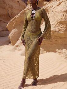 Zivah New Elegant Women's New Chinese Style Frog Button Design French Lace Fabric Bell Sleeve Long Dress, Reversible Wearable Cover-Up, Suitable For Multiple Occasions, Beach Vacation, Commuting, Travel, Party, Gathering - Brown - View 6