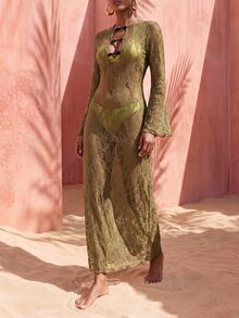 Zivah New Elegant Women's New Chinese Style Frog Button Design French Lace Fabric Bell Sleeve Long Dress, Reversible Wearable Cover-Up, Suitable For Multiple Occasions, Beach Vacation, Commuting, Travel, Party, Gathering - Brown - View 7