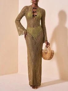 Zivah New Elegant Women's New Chinese Style Frog Button Design French Lace Fabric Bell Sleeve Long Dress, Reversible Wearable Cover-Up, Suitable For Multiple Occasions, Beach Vacation, Commuting, Travel, Party, Gathering - Brown - View 8