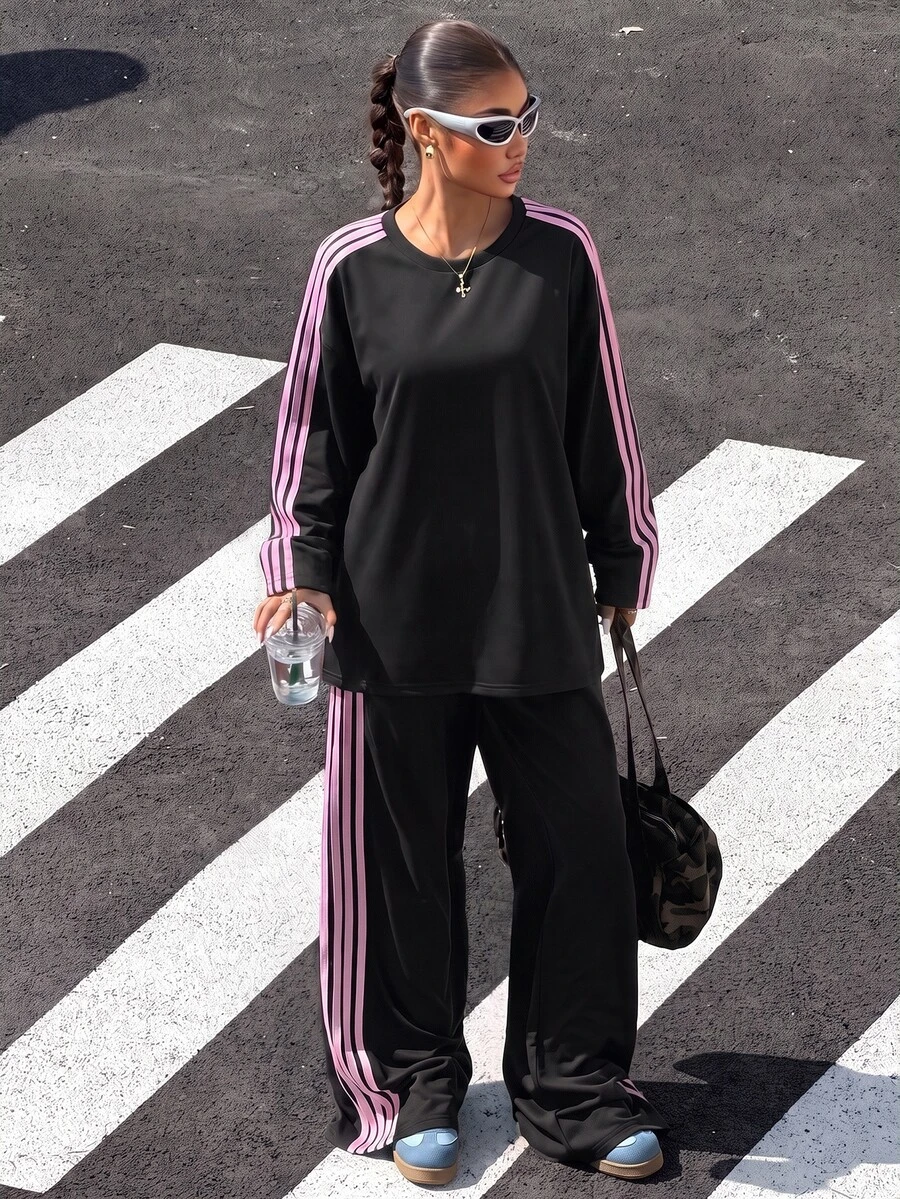 Muchica Women's Colorblock Round Neck Long Sleeve Top And Pants Casual Daily 2 Pieces Set - Black - View 1