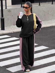 Muchica Women's Colorblock Round Neck Long Sleeve Top And Pants Casual Daily 2 Pieces Set - Black - View 6