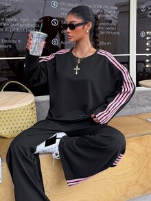 Muchica Women's Colorblock Round Neck Long Sleeve Top And Pants Casual Daily 2 Pieces Set - Black - View 4