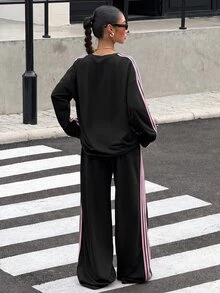 Muchica Women's Colorblock Round Neck Long Sleeve Top And Pants Casual Daily 2 Pieces Set - Black - View 2