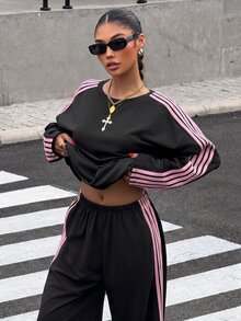 Muchica Women's Colorblock Round Neck Long Sleeve Top And Pants Casual Daily 2 Pieces Set - Black - View 5