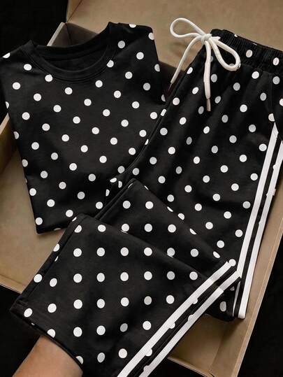 Comfortcana Women's Polka Dot Print Crew Neck Short Sleeve T-Shirt And Long Pants Casual 2 Pieces Set