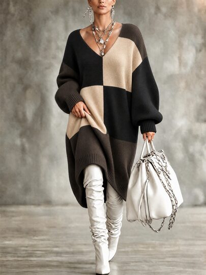 SHEIN LUNE CURVE فستان نسائي مقاس كبير أسود برقبة على شكل حرف V بنقشة مربعات محبوك كاجوال أنيق فضفاض بطول متوسط وأكمام فانوس للمناسبات الرسمية وليالي المواعدة في الخريف والشتاء