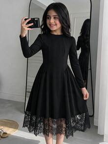 SHEIN 青少年女孩秋冬針織黑色小高領長袖蕾絲下擺洋裝，適合休閒、度假、返校、派對、日常穿著 - 黑色 - 查看 6