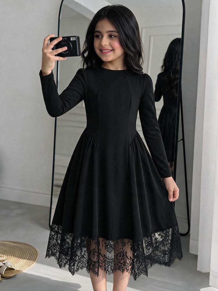 SHEIN Gaun Rajut Anak Perempuan Musim Gugur/Dingin Warna Hitam Lengan Panjang Kerah Tinggi dengan Hiasan Renda di Bagian Bawah, Cocok untuk Acara Santai, Liburan, Kembali ke Sekolah, Pesta, dan Pakaian Sehari-hari - Hitam - View 6