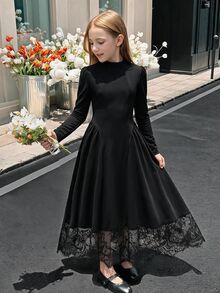 SHEIN 青少年女孩秋冬針織黑色小高領長袖蕾絲下擺洋裝，適合休閒、度假、返校、派對、日常穿著 - 黑色 - 查看 2
