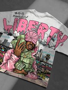 Manfinity Roghcode 男士美式街頭風短版T恤，白色底 + 粉色「Liberty」嘻哈角色 & 鈔票印花，千禧復古風短袖上衣，圓領休閒版型，適合派對、演唱會、外出 - 彩色 - 查看 2
