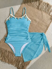 SHEIN Conjunto de 2 piezas de unicolor de jacquard para adolescentes - Celeste - Ver 4