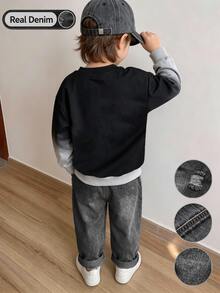 2pcs/Set Toddler Boys Gradient Letter Print Crew Neck Sweatshirt & Distressed Ripped Denim Pants - Multicolor - View 2