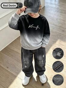2pcs/Set Toddler Boys Gradient Letter Print Crew Neck Sweatshirt & Distressed Ripped Denim Pants - Multicolor - View 3