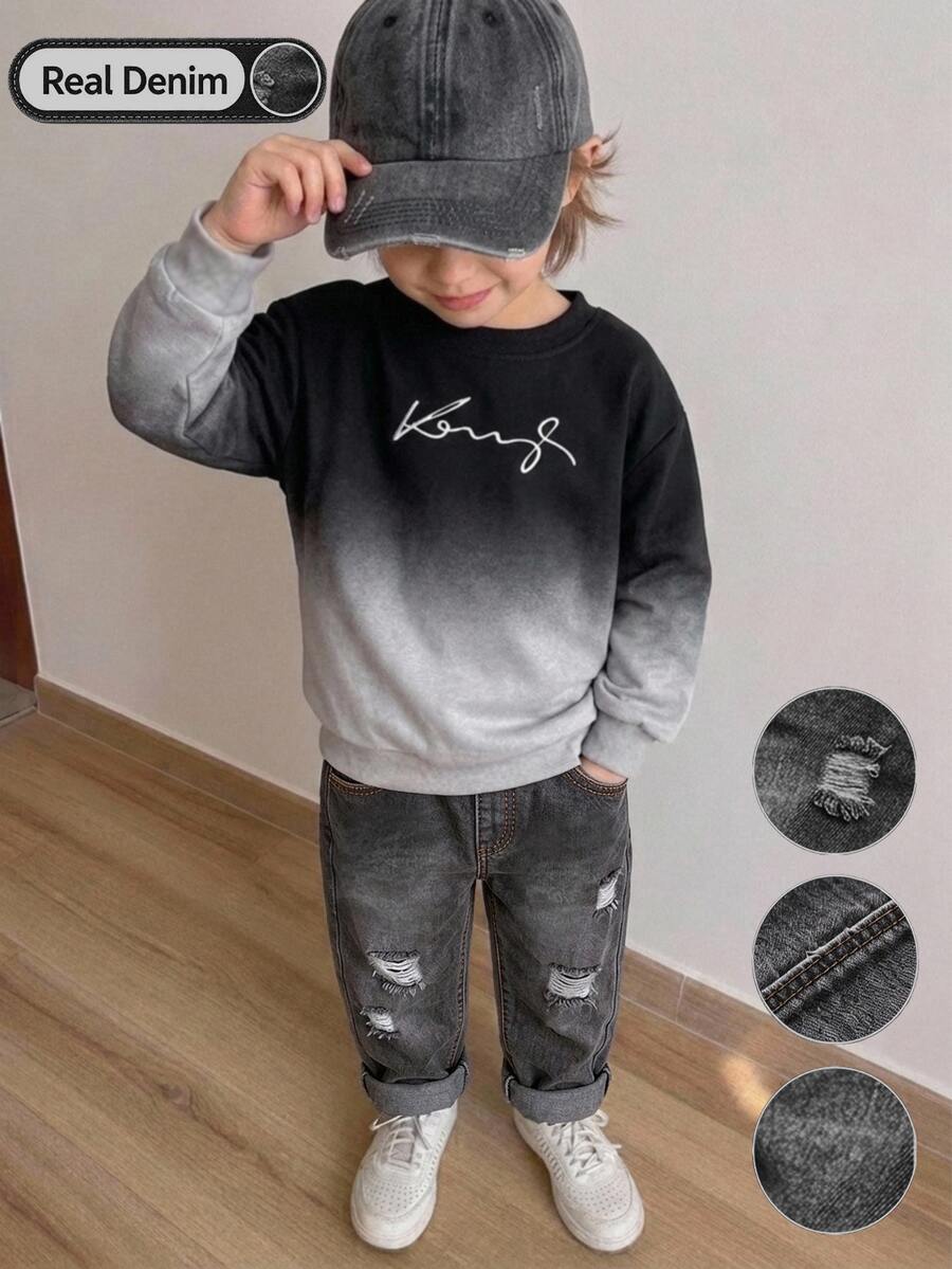 2pcs/Set Toddler Boys Gradient Letter Print Crew Neck Sweatshirt & Distressed Ripped Denim Pants - Multicolor - View 1