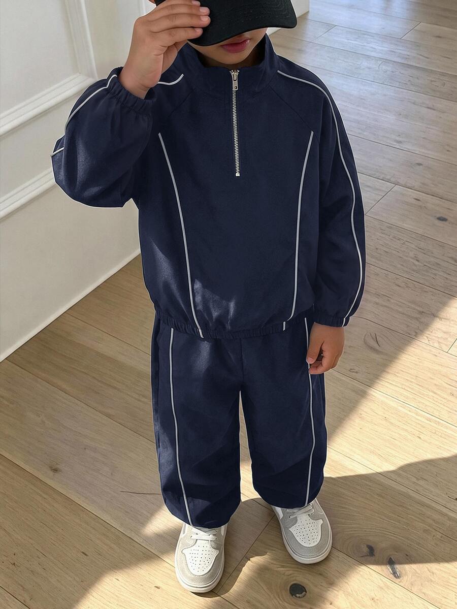 SHEIN Bubblio 兒童男童2件組休閒套裝，落肩袖長袖立領裝飾半拉鍊秋季夾克搭配鬆緊腰長褲，抓絨加厚 - 藏蓝色 - 查看 1