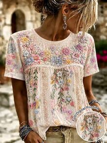SHEIN LUNE 女款復古玫瑰刺繡漸層圖案休閒萬聖節圓領T恤 - 彩色 - 查看 1