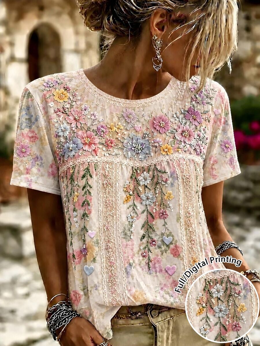 SHEIN LUNE 女款復古玫瑰刺繡漸層圖案休閒萬聖節圓領T恤 - 彩色 - 查看 1