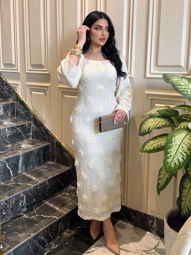 Modelyn 秋冬杏色混紡拼接3D刺繡修身貼身長裙後開衩優雅大尺碼女款洋裝 - 杏色 - 查看 8