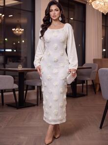 Modelyn Autumn/Winter Apricot Mixed Material Patchwork 3D Embroidered Bodycon Fitted Long Hem Back Slit Elegant Plus Size Women's Dress - Apricot - View 7