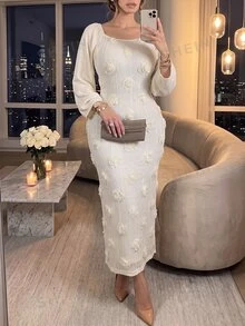 Modelyn Autumn/Winter Apricot Mixed Material Patchwork 3D Embroidered Bodycon Fitted Long Hem Back Slit Elegant Plus Size Women's Dress - Apricot - View 5