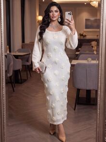 Modelyn Autumn/Winter Apricot Mixed Material Patchwork 3D Embroidered Bodycon Fitted Long Hem Back Slit Elegant Plus Size Women's Dress - Apricot - View 3