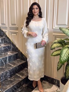 Modelyn Autumn/Winter Apricot Mixed Material Patchwork 3D Embroidered Bodycon Fitted Long Hem Back Slit Elegant Plus Size Women's Dress - Apricot - View 6